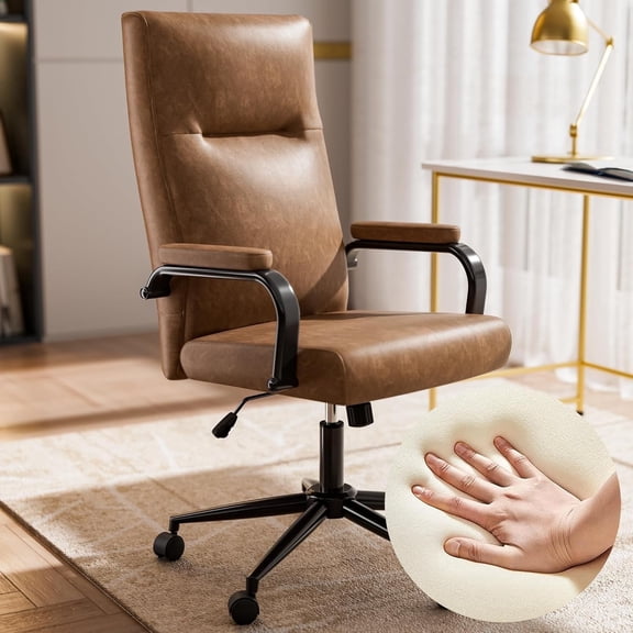 Genpo Brown Leather Office Chair with Wheels, Memory Foam Height Adjustable Computer Desk Chair, Rolling Swivel Executive Chair for Home Office