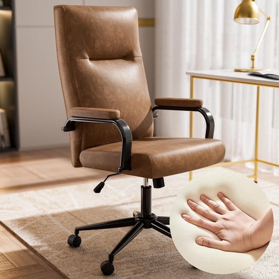 Genpo Brown Leather Office Chair with Wheels, Memory Foam Height Adjustable Computer Desk Chair, Rolling Swivel Executive Chair for Home Office