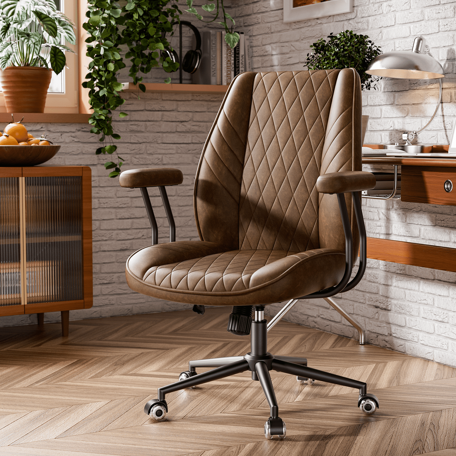 Genpo Brown Leather Office Chair with Wheels Rubber Casters, Padded Arms and Adjustable Height, Mid Century Modern Style Vintage Desk Chair