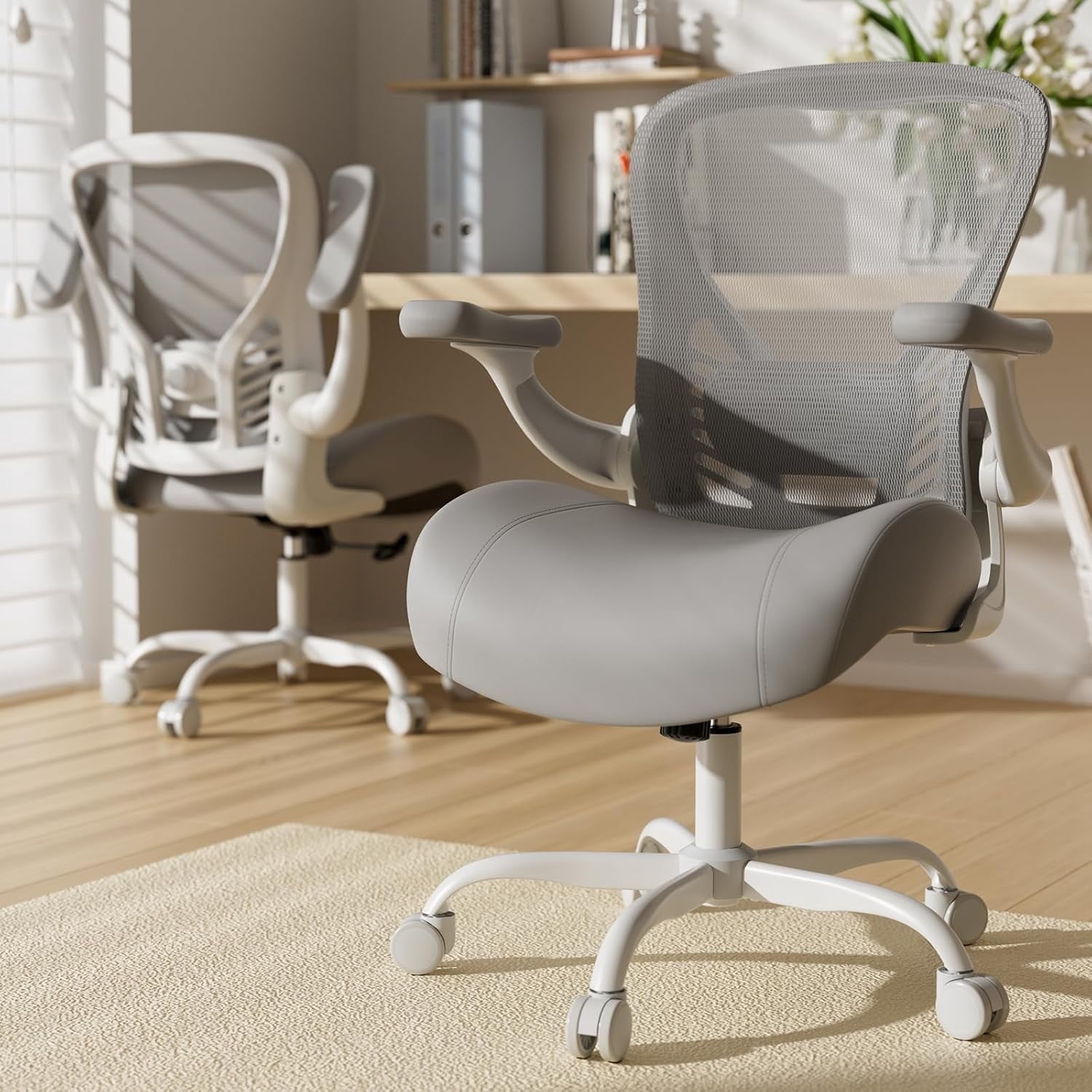 Solfway Computer Desk Chair, Ergonomic Office Desk Chair with Grey&White Mesh Back, Molded Leather Seat, 3D Flip-up Arms, Adjustable Lumbar Support&Height, Wheels for Home&Office