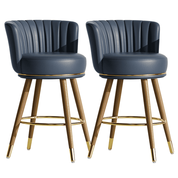 Solfway Counter Height Bar Stools, Round Seat Swivel Bar Stool Set of 2, 26 inch Low Back Leather Bar Chair with Wood Leg for Kitchen Island 300lbs, Navy