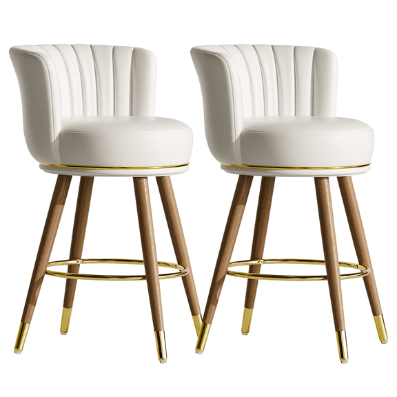 Genpo Counter Height Bar Stools, Round Seat Swivel Bar Stool Set of 2, 26 inch Low Back Leather Bar Chair with Wood Leg for Kitchen Island 300lbs, White