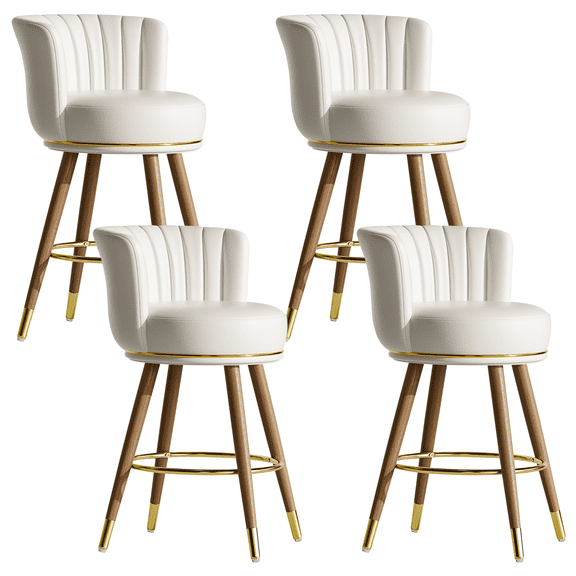Genpo Counter Height Bar Stools, Round Seat Swivel Bar Stool Set of 4, 26 inch Low Back Leather Bar Chair with Wood Leg for Kitchen Island 300lbs, Beige