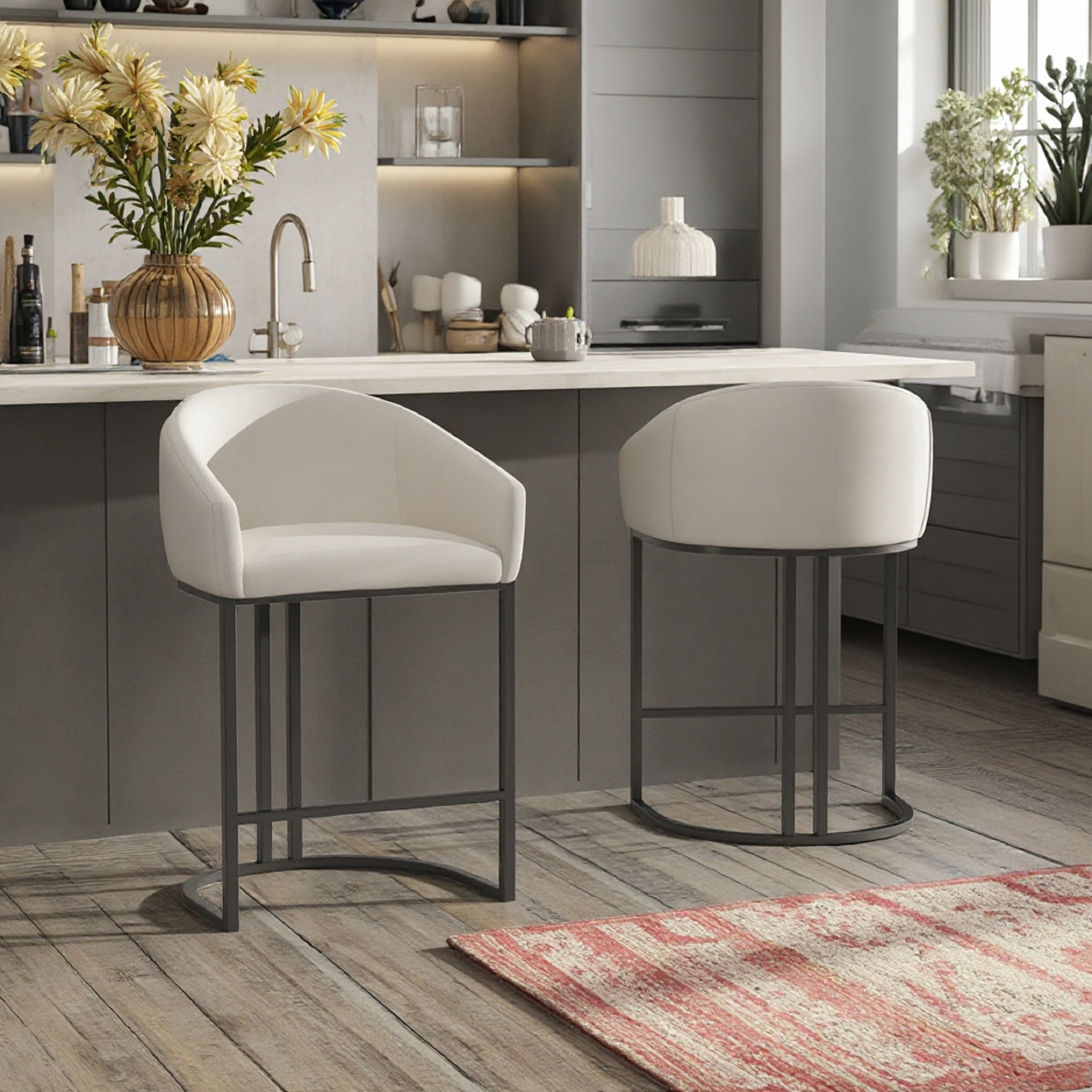 Set Of 2 Modern Counter Height Bar Stools - 26" H, Linen Fabric Upholstered With Backrest, Black Metal Frame, Wheat Color