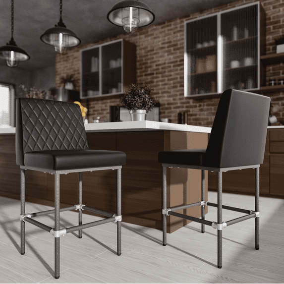 Genpo Counter Height Bar Stools Set of 2, 26" Industrial Kitchen Counter Height Stools with Back, Black Leather Barstools with Padded Seat and Painted Metal Frame for Kitchen Island