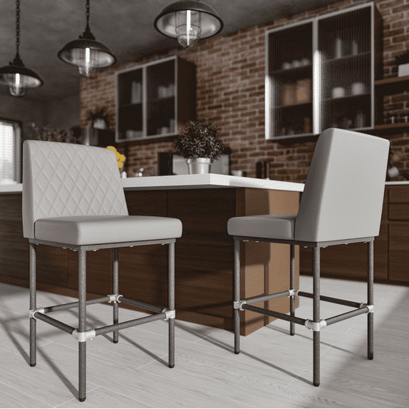 Genpo Counter Height Bar Stools Set of 2, 26" Industrial Kitchen Counter Height Stools with Back, Gray Leather Barstools with Padded Seat and Painted Metal Frame for Kitchen Island