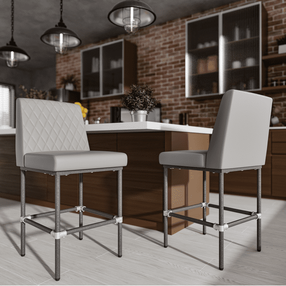 Solfway Counter Height Bar Stools Set of 2, 26" Industrial Kitchen Counter Height Stools with Back, Gray Leather Barstools with Padded Seat and Painted Metal Frame for Kitchen Island