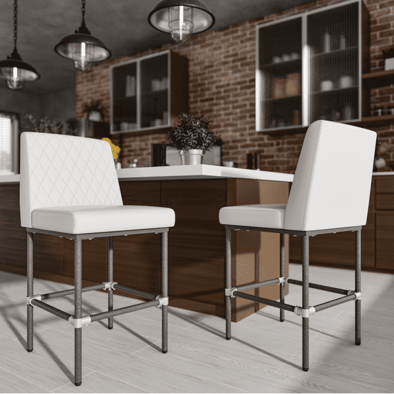 Genpo Counter Height Bar Stools Set of 2, 26" Industrial Kitchen Counter Height Stools with Back, White Leather Barstools with Padded Seat and Painted Metal Frame for Kitchen Island