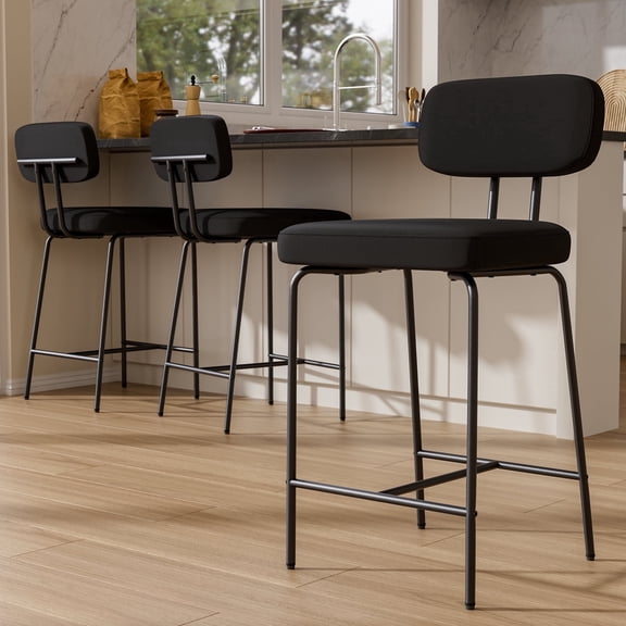 Genpo Counter Height Bar Stools Set of 3, 26" Black Fabric Kitchen Counter Stools with Backs, Metal Legs, Footrest and Wide Seat, Bar Chairs for Kitchen Island