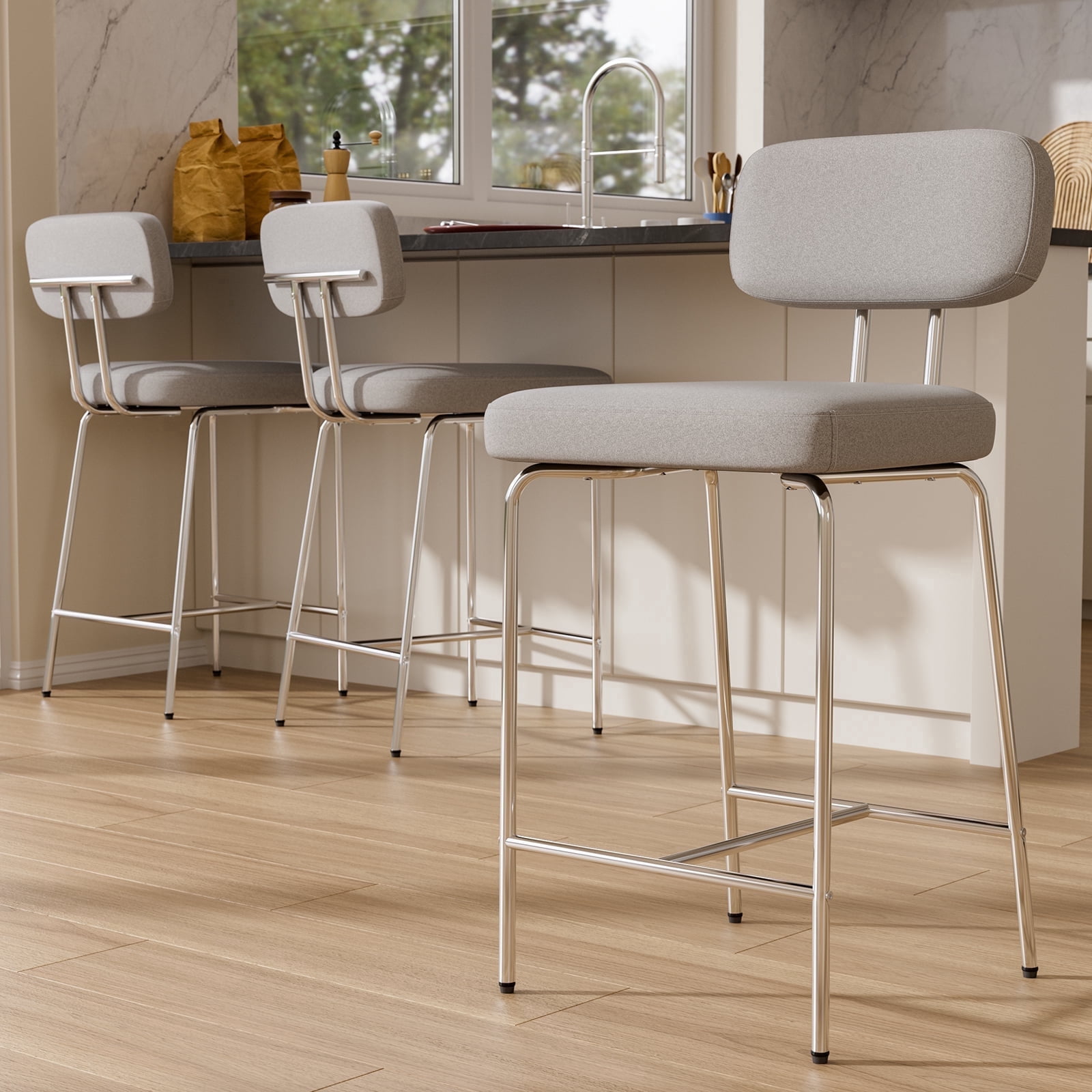 Genpo Counter Height Bar Stools Set of 3, 26" Gray Fabric Kitchen Counter Stools with Backs, Metal Legs, Footrest and Wide Seat, Bar Chairs for Kitchen Island