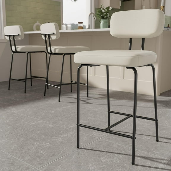 Solfway Counter Height Bar Stools Set of 3, 26" White Fabric Kitchen Counter Stools with Backs, Metal Legs, Footrest and Wide Seat, Bar Chairs for Kitchen Island