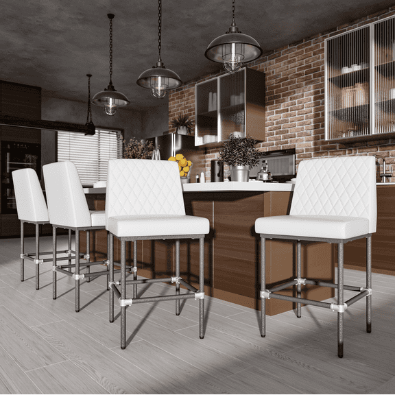 Genpo Counter Height Bar Stools Set of 4, 26" Kitchen Counter Height Stools with Back, White Leather Barstools with Padded Seat and Painted Metal Frame for Kitchen Island