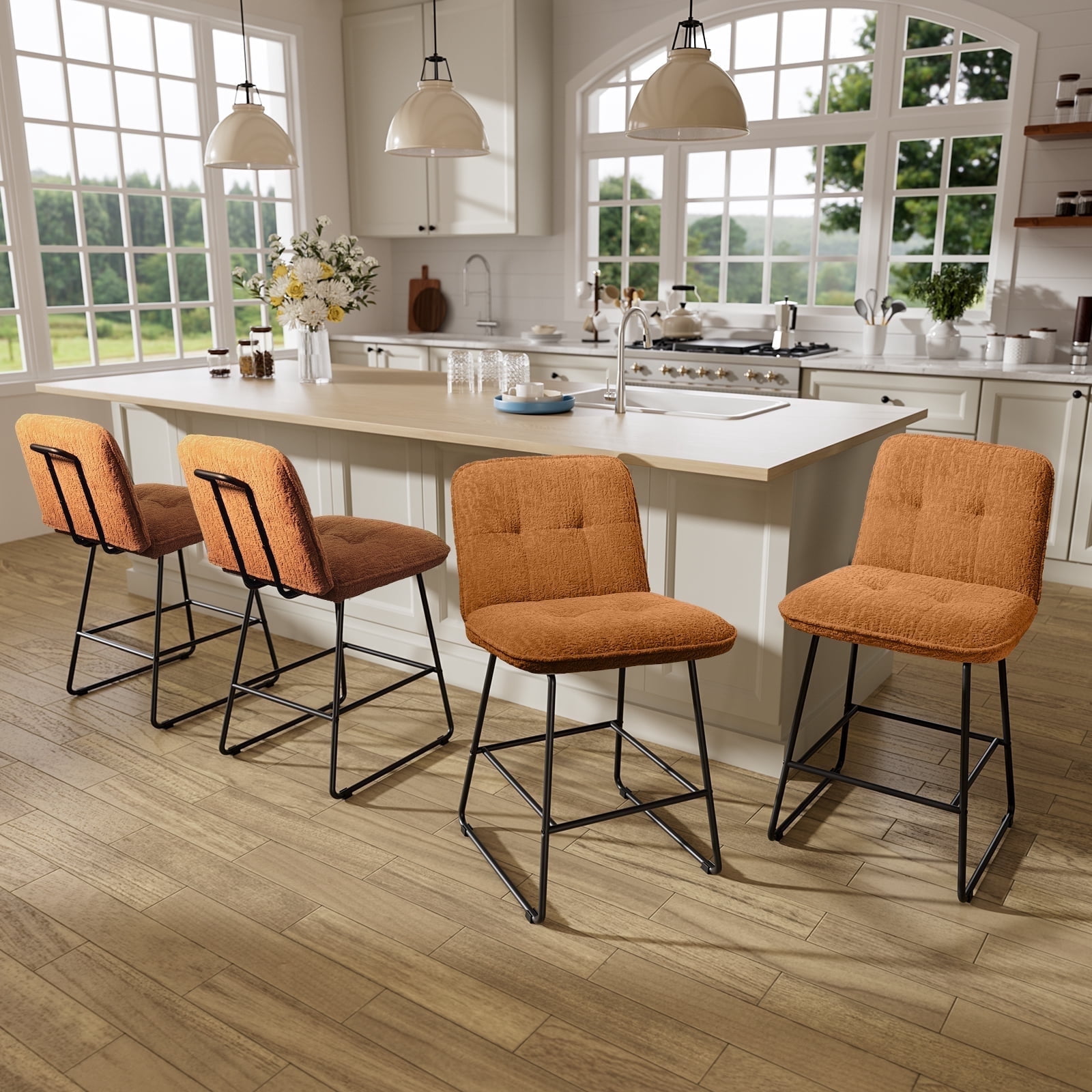 Solfway Counter Height Bar Stools Set of 4, 26 inch Brown Velvet Fabric Bar Stools with Back, Modern Bar Chairs for Kitchen Island with Metal Legs and Footrest