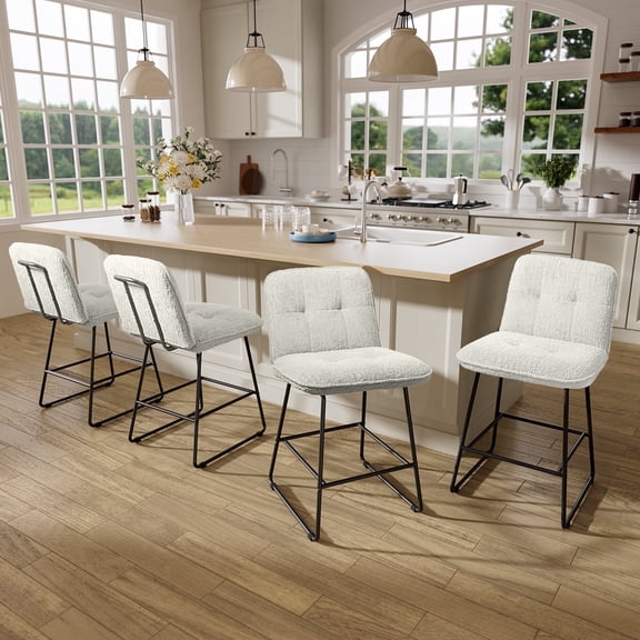 Solfway Counter Height Bar Stools Set of 4, 26 inch White Velvet Fabric Bar Stools with Back, Modern Bar Chairs for Kitchen Island with Metal Legs and Footrest