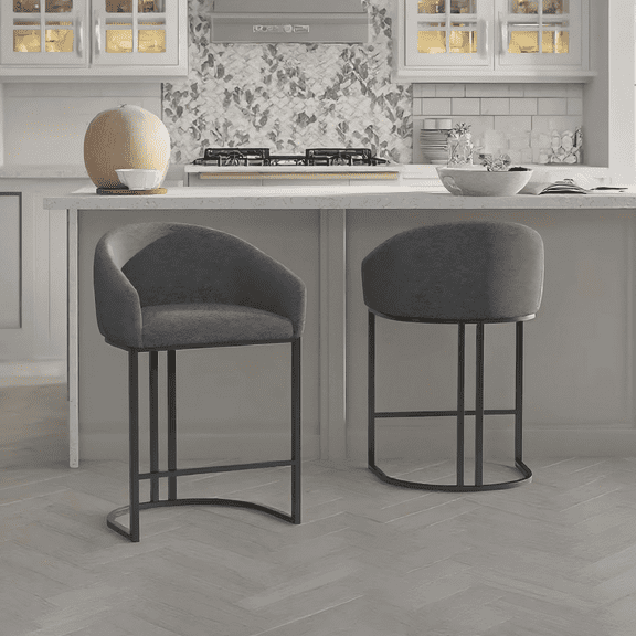 Solfway Counter Height Bar Stools Set of 2, 26 Inch Middle Back Modern Bar Stools, Linen Fabric Upholstered Barrel Barstools for Kitchen Island, Grey