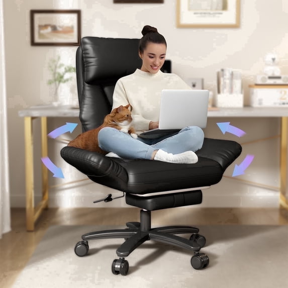 Genpo Criss Cross Desk Chair, Cross Legged Office Chair with Wheels, Black Leather Big and Tall Reclining Office Chair 500lbs with Foot Rest, Reversible Armrests & Wide Seat