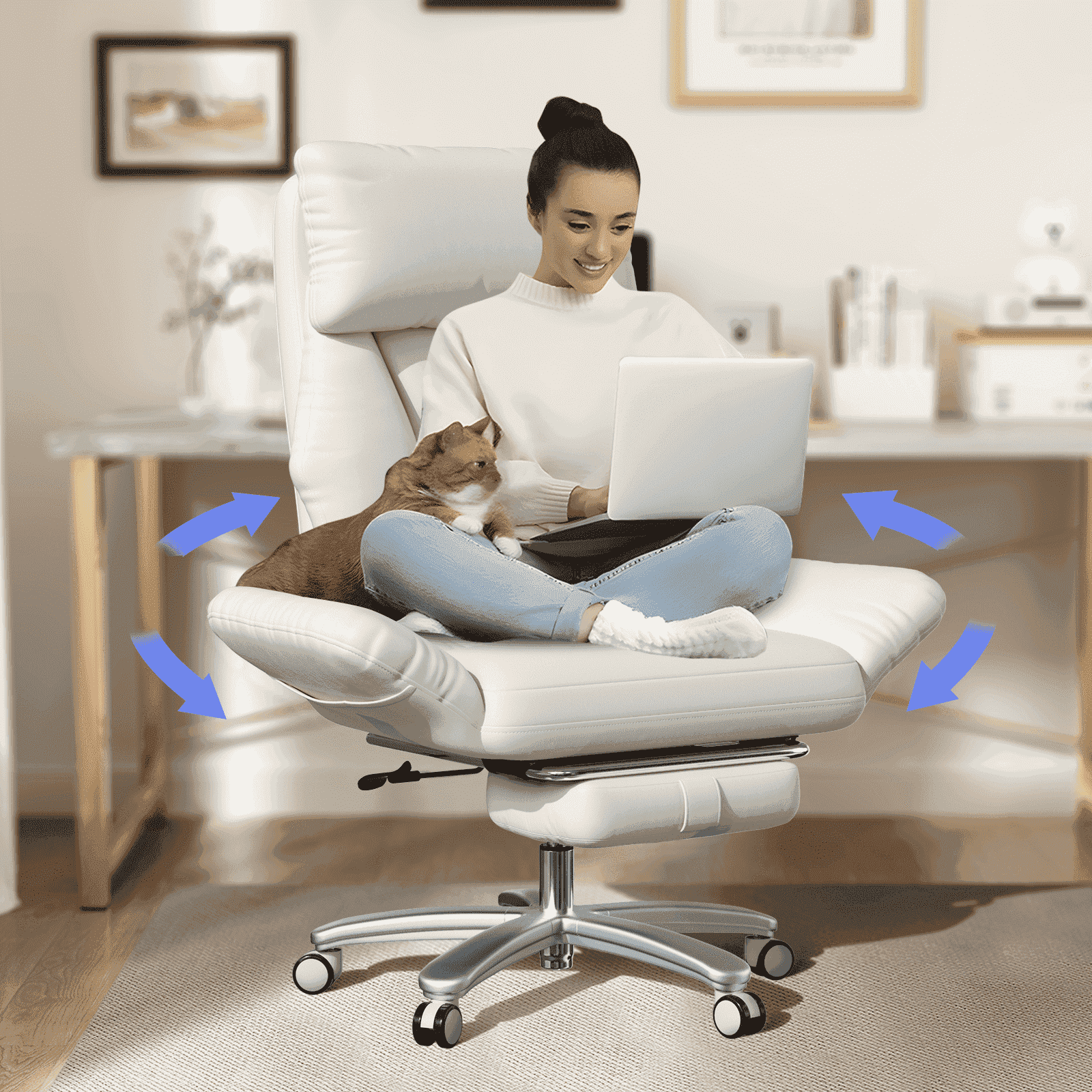 Genpo Criss Cross Desk Chair, Cross Legged Office Chair with Wheels, White Leather Big and Tall Reclining Office Chair 500lbs with Foot Rest, Reversible Armrests & Wide Seat