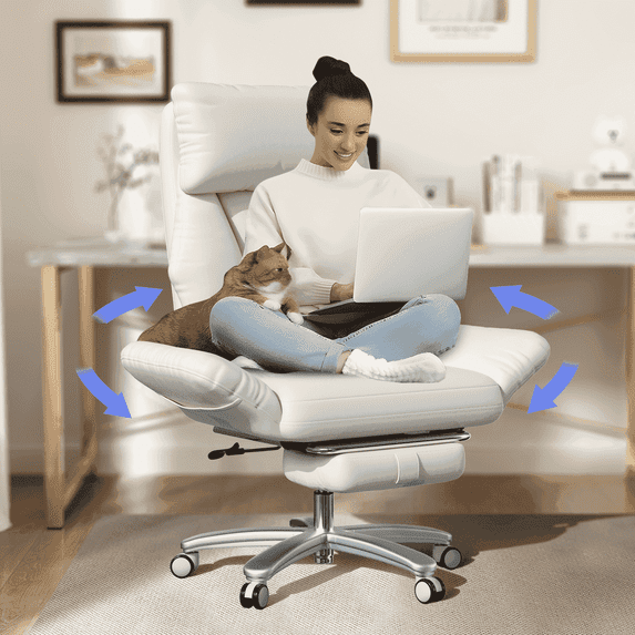 Genpo Criss Cross Desk Chair, Cross Legged Office Chair with Wheels, White Leather Big and Tall Reclining Office Chair 500lbs with Foot Rest, Reversible Armrests & Wide Seat