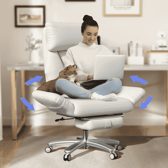 Genpo Criss Cross Desk Chair, Cross Legged Office Chair with Wheels, White Leather Big and Tall Reclining Office Chair 500lbs with Foot Rest, Reversible Armrests & Wide Seat