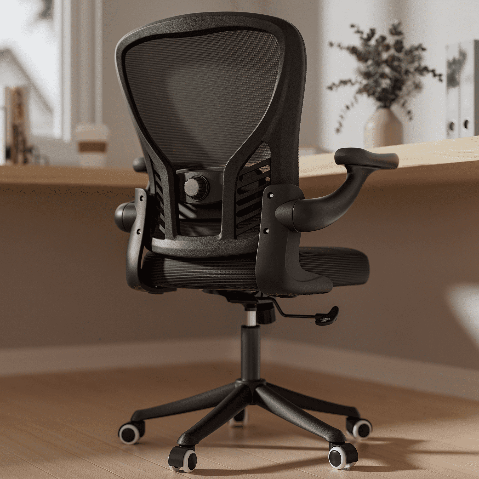 Solfway Ergonomic Mesh Office Chair, Mid-Back Mesh Computer Desk Chair with Adjustable Height, Flip-Up Arms and Lumbar Support, Black