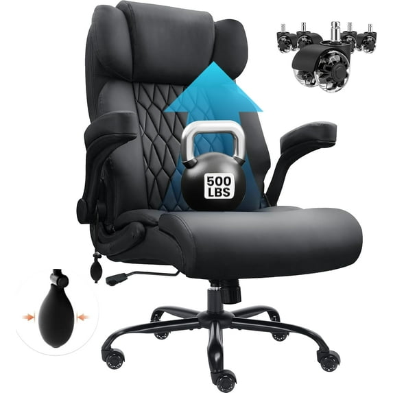 Solfway Executive Desk Chair, Big and Tall Home Office Chairs 500 lbs Wide Seat, High Back Large Office Chair with Adjustable Flip-up Arms, Black Leather Computer Desk Chair for Adult