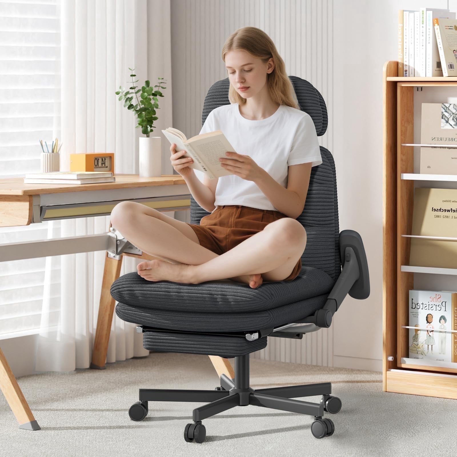 Genpo Criss Cross Chair with Wheels & Flip-up Arms, Executive Office Chair with Foot Rest, Swivel Cross Legged Office Chair, Black Corduroy Fabric Comfy Computer Desk Chair, Vanity Chair for Home