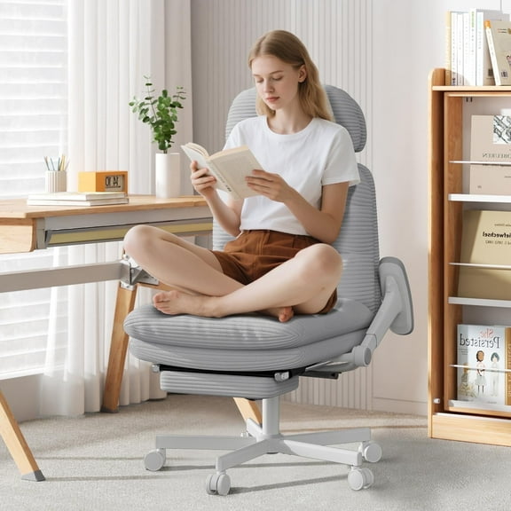 Solfway Criss Cross Chair with Wheels & Flip-up Arms, Executive Office Chair with Foot Rest, Swivel Cross Legged Office Chair, Gray Corduroy Fabric Comfy Computer Desk Chair, Vanity Chair for Home