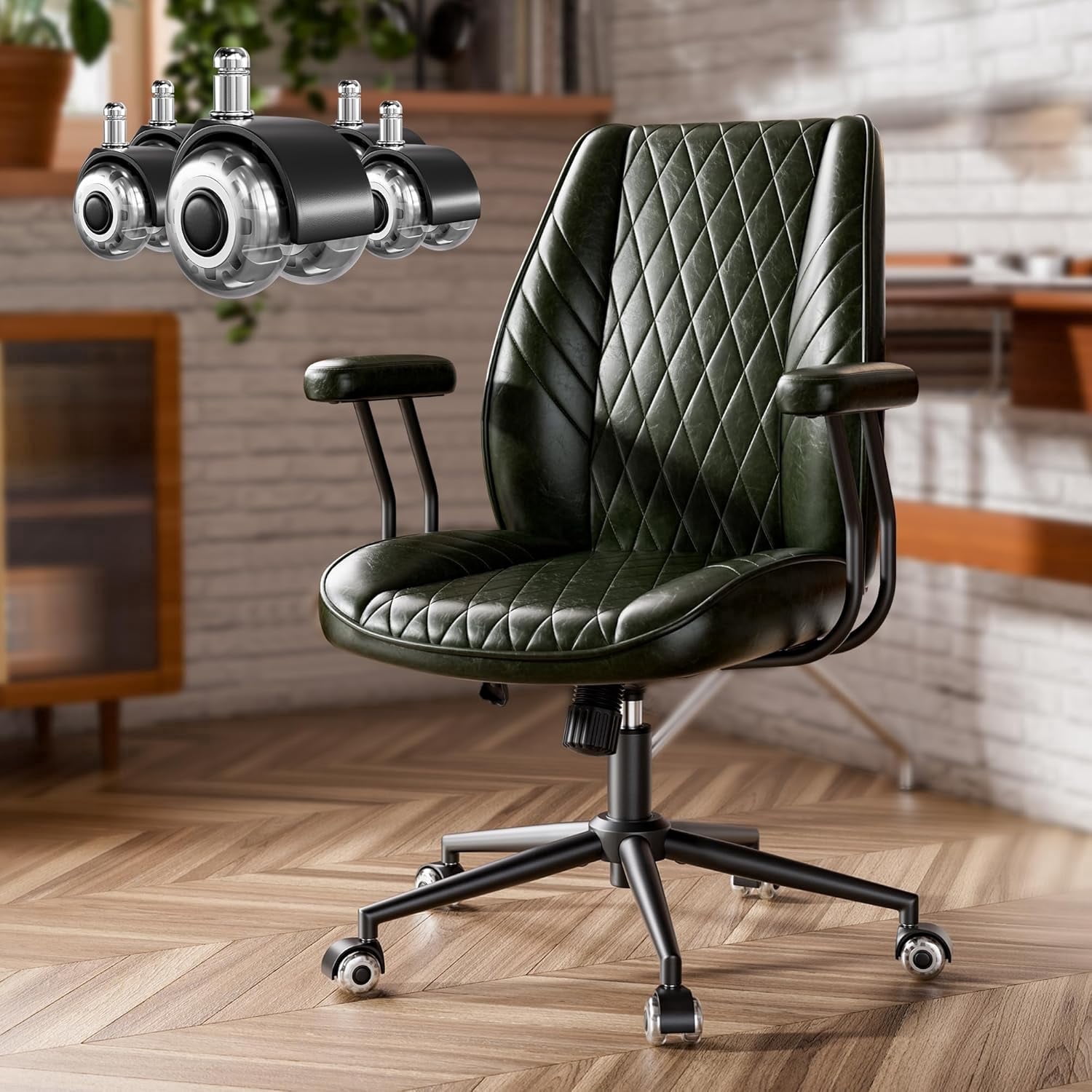 Genpo Green Leather Office Chair with Wheels Rubber Casters, Padded Arms and Adjustable Height, Mid Century Modern Style Vintage Desk Chair