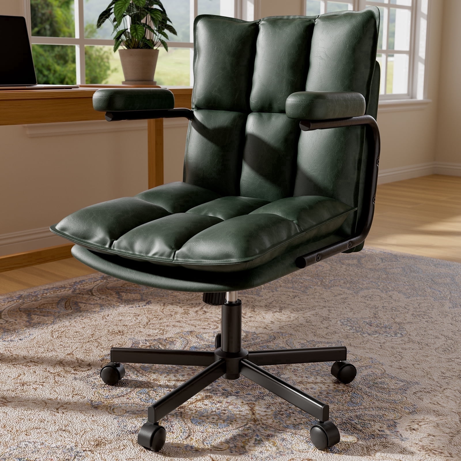 Genpo Green Office Chair, Mid Century Modern Desk Chairs with Arms, Thickend Back and Seat, Adjustable Height, Wheels, Vintage Leather Computer Chair for Home, Office