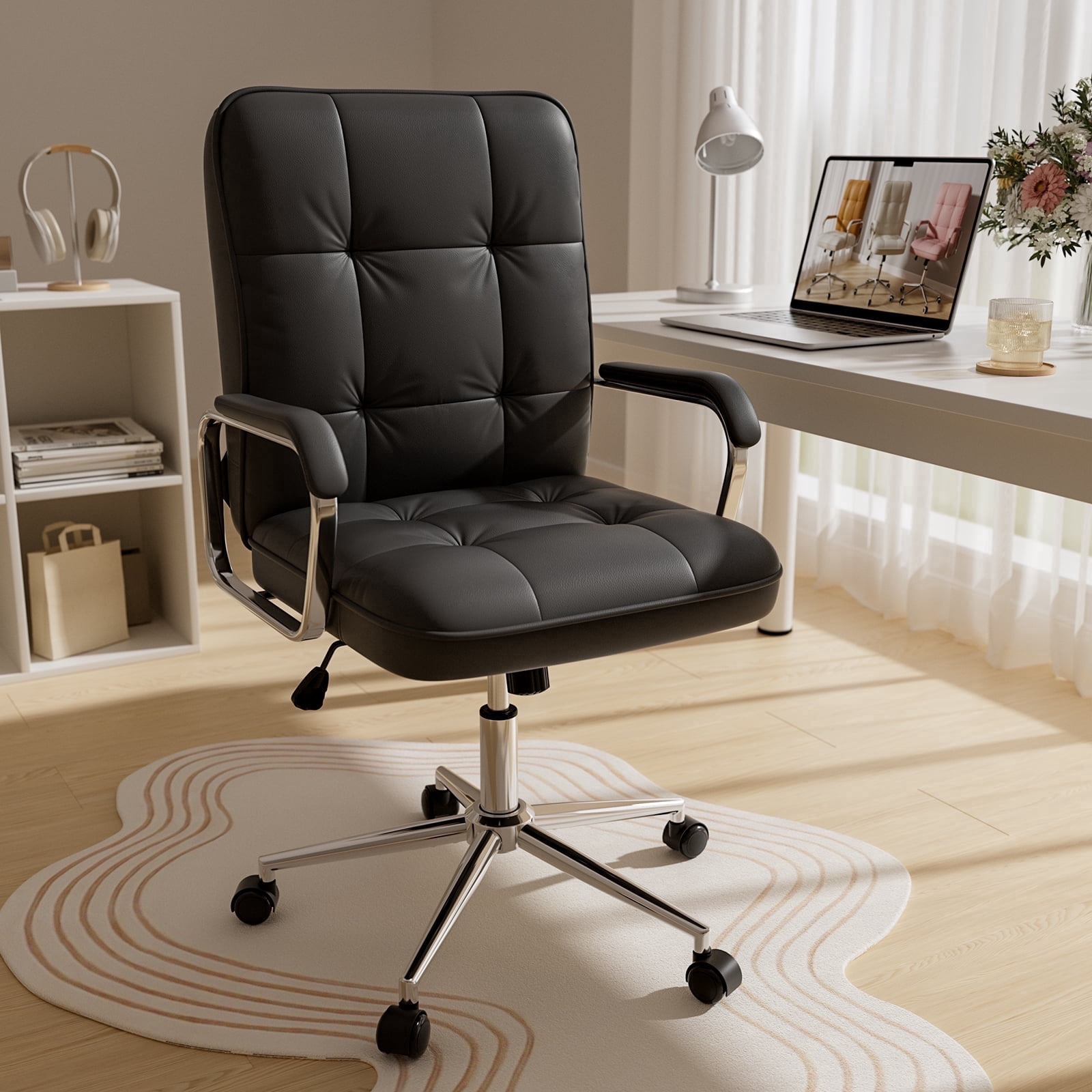 Genpo Black Office Chair, Leather Swivel Leather Computer Desk Chair with Wheels and Padded Arms, Executive Office Chair for Adults