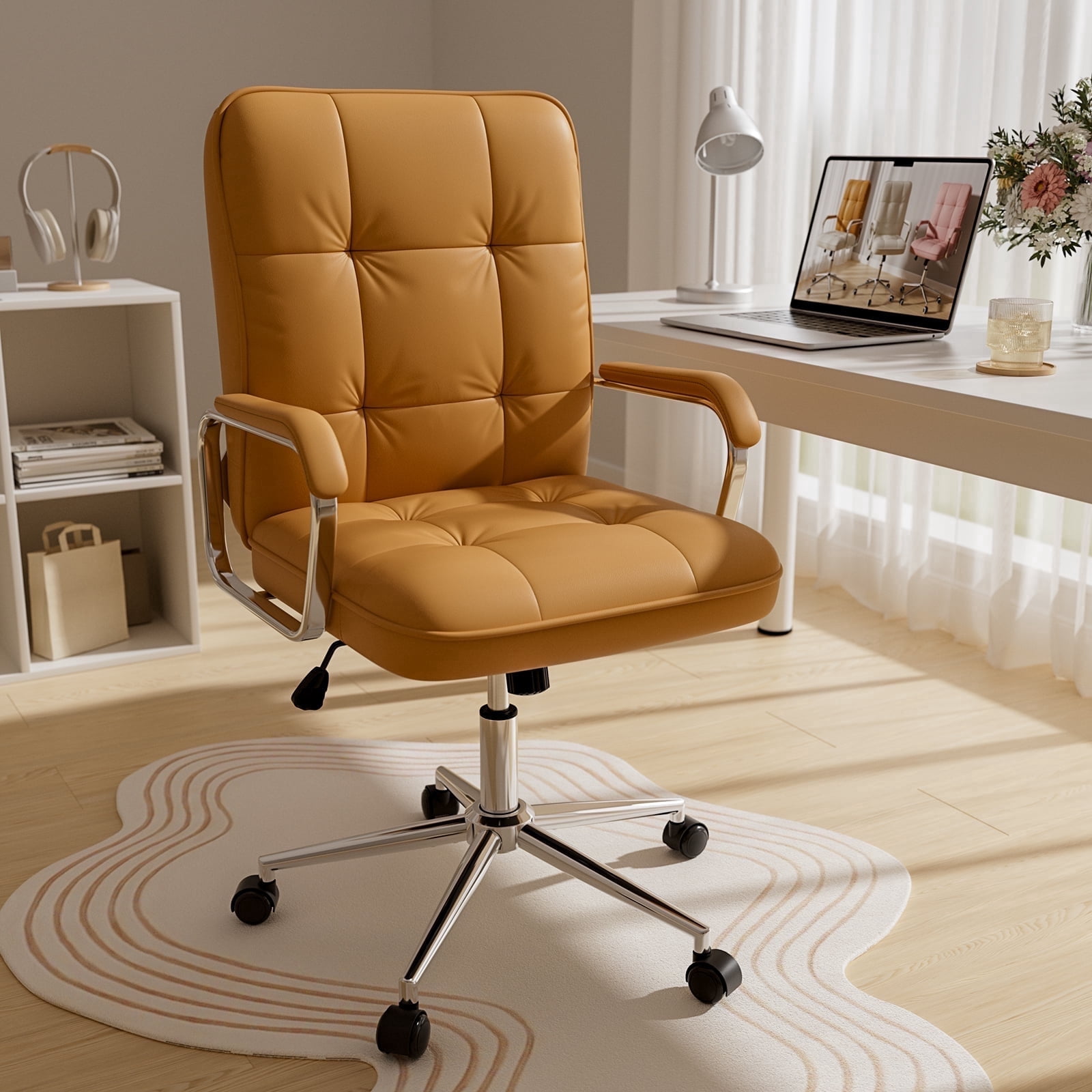 Genpo Brown Office Chair, Swivel Leather Computer Desk Chair with Wheels and Padded Arms, Executive Office Chair for Adults