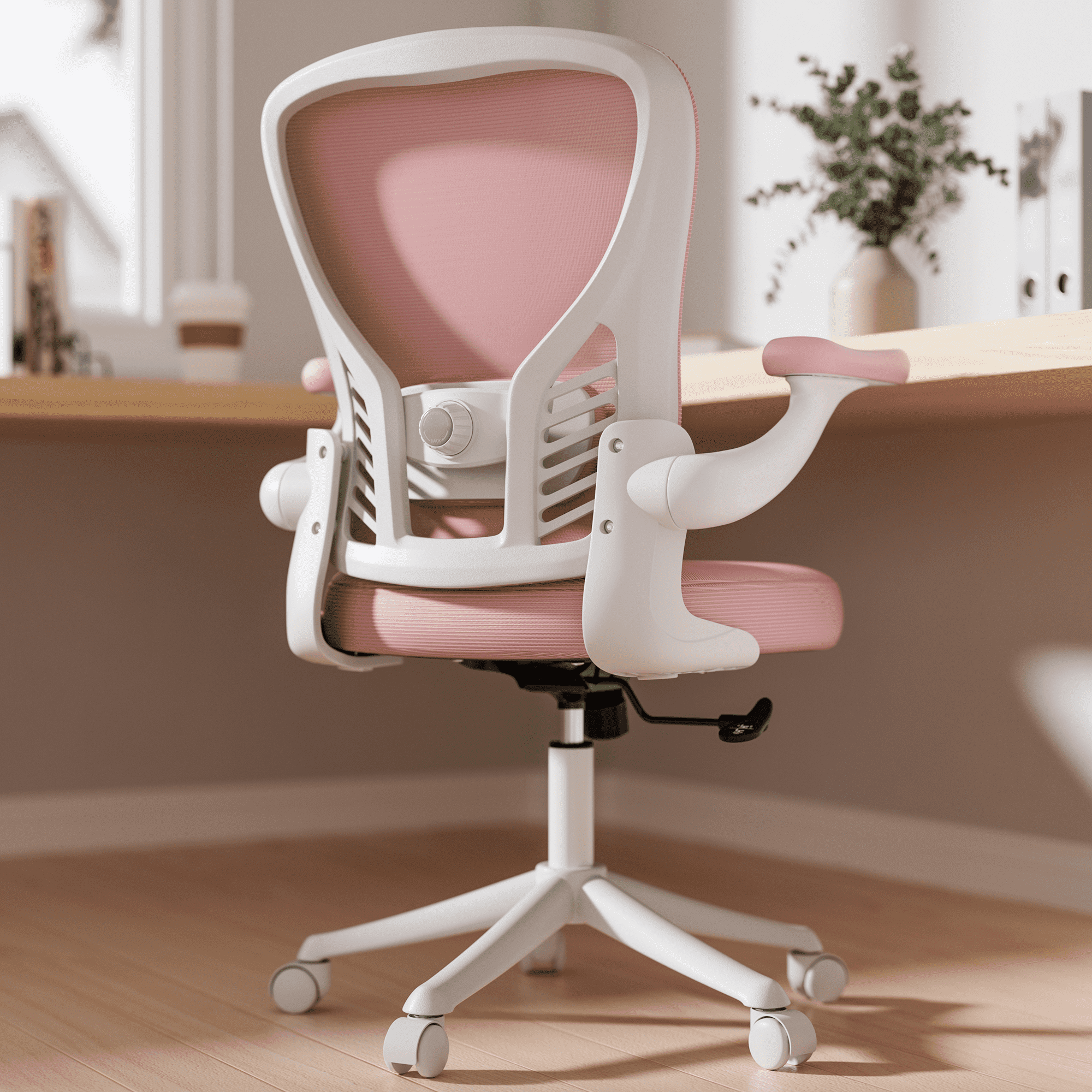 Solfway Mesh Pink Office Chair, Ergonomic Desk Chair with Adjustable Lumbar Support, 3D Flip-up Arms, Wheels, Rocking Function