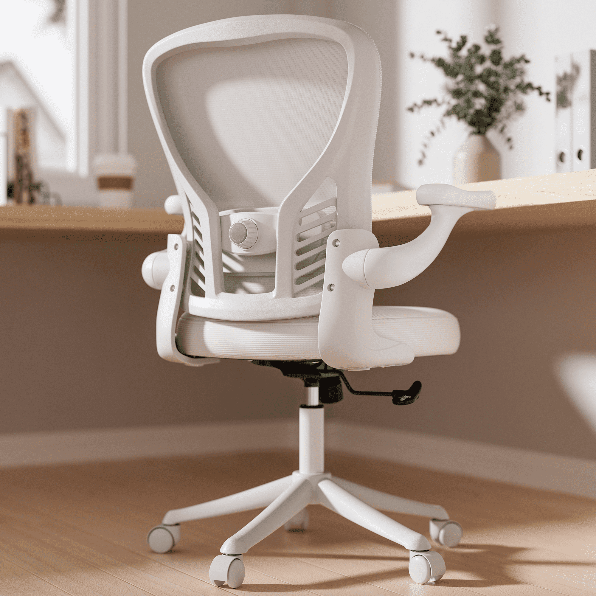 Solfway White Mesh Office Chair, Ergonomic Desk Chair with Adjustable Lumbar Support, 3D Flip-up Arms, Wheels, Rocking Function
