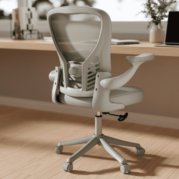 Solfway Grey Mesh Office Chair, Ergonomic Desk Chair with Adjustable Lumbar Support, 3D Flip-up Arms, Wheels, Rocking Function