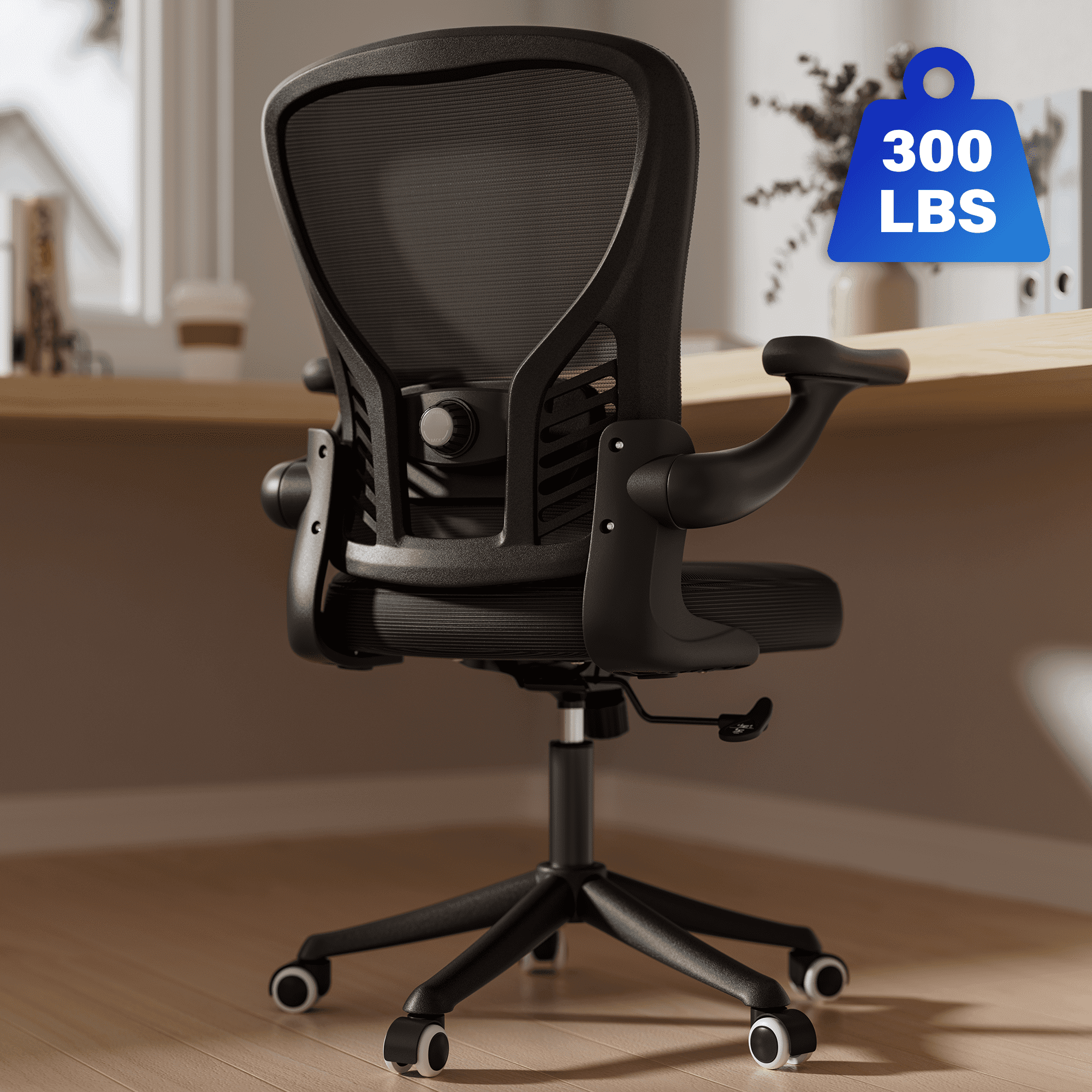 Solfway Black Mesh Computer Desk Chair, Ergonomic Mesh Office Chairs with Adjustable Lumbar Support, Height, 3D Flip-up Arms, Wheels, Rocking Function