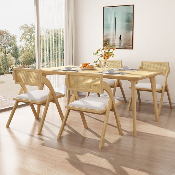 Solfway Modern Dining Chair, Rattan Dining Chair with Rattan Backrest, Folding Dining Chair for Saving Space, Beige (Set of 4)
