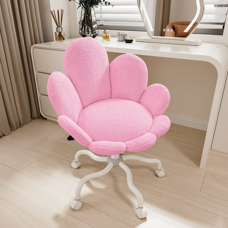 Solfway Pink Vanity Chair with Wheels and Back, Cute Flower Comfy