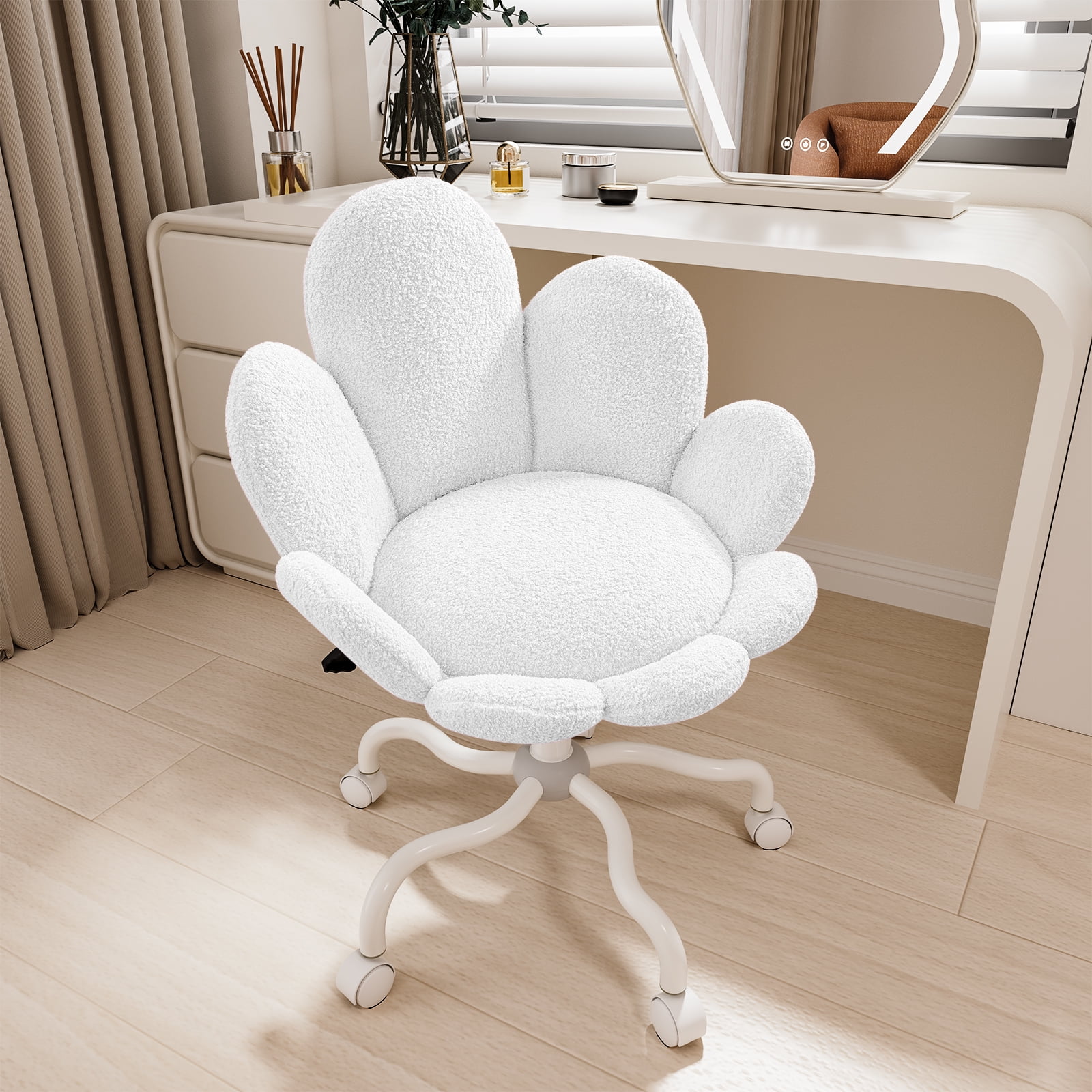 Solfway White Vanity Chair with Wheels and Back, Cute Daisy Flower Comfy Upholstered Fuzzy Vanity Desk Chair for Girls Makeup, Swivel Rolling, and Height Adjustable