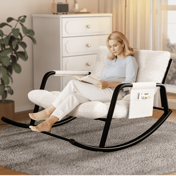 Solfway Patio Rocking Chair 400 lbs, Comfy Rocker Chair for Living Room, Porch, Backyard, Steel patio Lounge Rocker Recliner Chair with Storage Bag for Kids & Adults, Beige