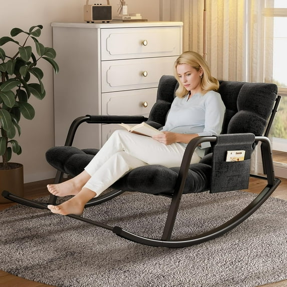 Solfway Patio Rocking Chair 400 lbs,Rocker Chair for Living Room,Steel Patio Lounge Recliner Chair with Storage Bag for Kids & Adults, Black