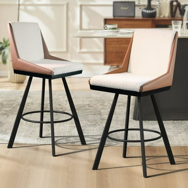 Solfway Swivel Bar Stools Set of 2, 26 inch Counter Height Bar Stools with Back, Tufted PU Leather Bar Chair Barstools for Kitchen Island with Metal Legs and Footrest, Brown