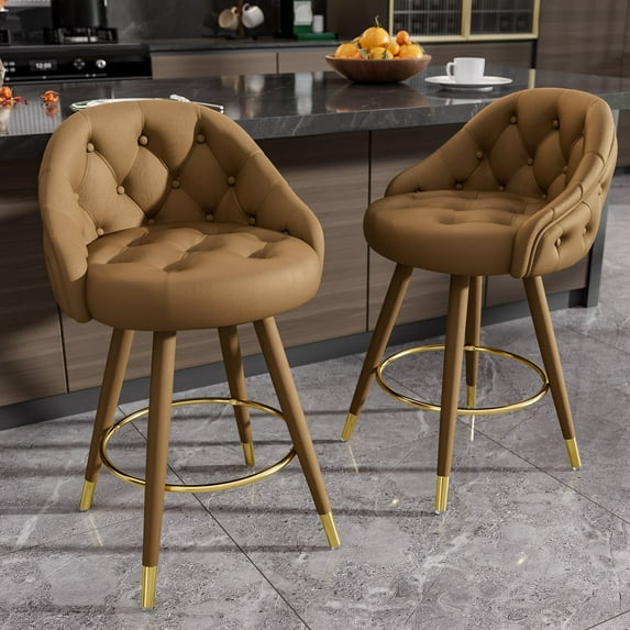 Solfway Swivel Bar Stools Set of 2, Counter Height Bar Stools with Back, 26 inch Tufted Velvet Barstools for Kitchen Island with Wood Legs and Footrest, Brown