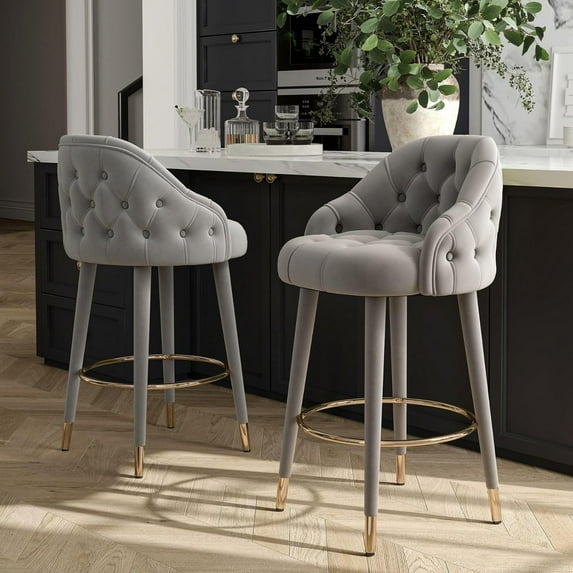 Solfway Swivel Bar Stools Set of 2, Counter Height Bar Stools with Back, 26 inch Tufted Velvet Barstools for Kitchen Island with Wood Legs and Footrest, Gray