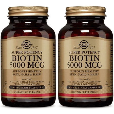 Solgar Biotin Super Potency 5000 mcg, 100 Vegetarian Capsules - 2 Packs