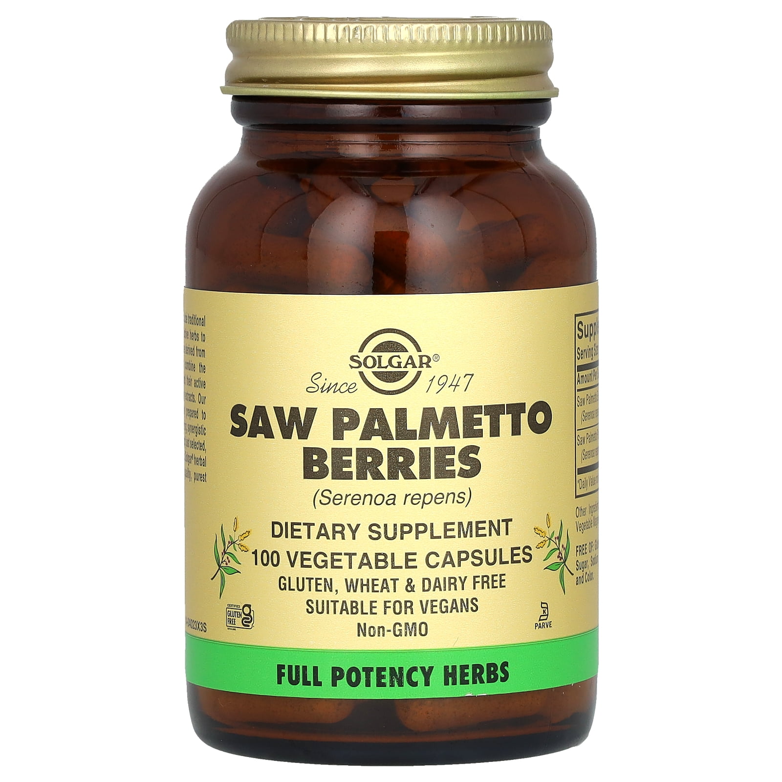 Solgar Vegan Saw Palmetto Berry Extract Capsules, Full Potency, Gluten & Dairy Free, 100 Ct