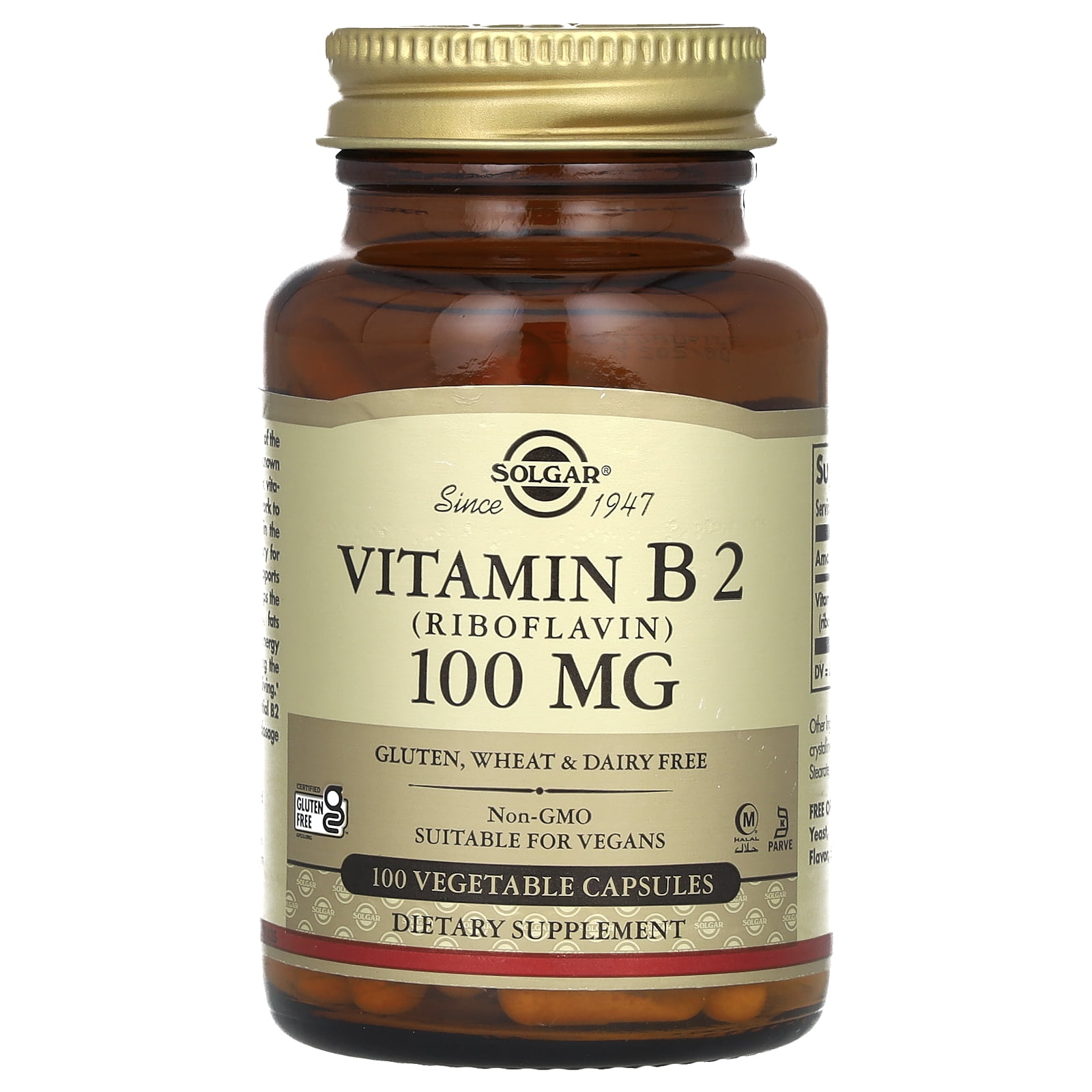 Solgar Vitamin B2 (Riboflavin), 100 mg, 100 Vegetable Capsules