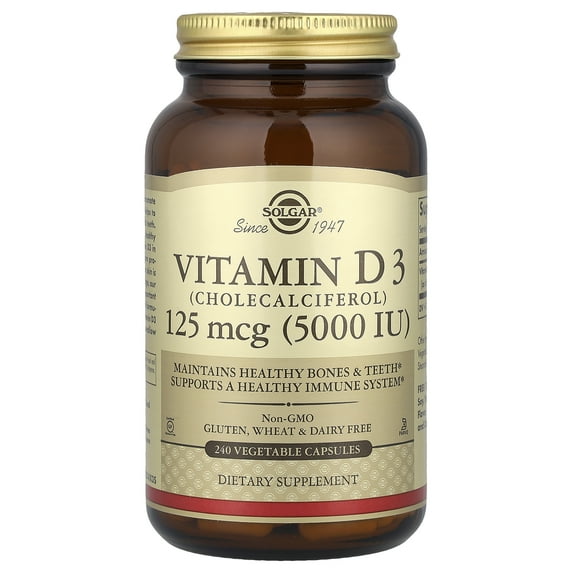 Solgar Vitamin D3 (Cholecalciferol) 125 mcg (5,000 IU) Vegetable Capsules 1 ea
