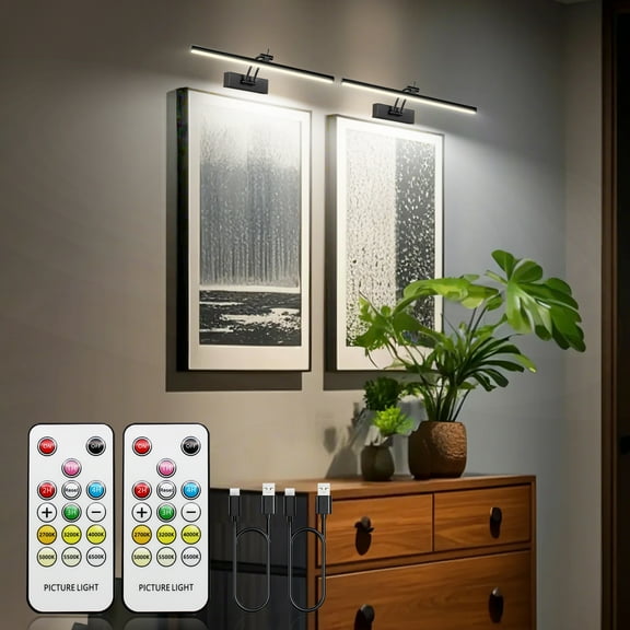 Solhice 2 Packs Picture Light Battery Operated for Wall Rechargeable 5200mAh, Wireless LED Art Light with Remote, 16" Dimmable Painting Light, Display Gallery Lighting, Black