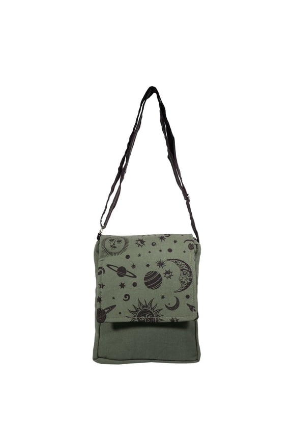 Sun Moon Stars and Planets Green Flap Over Hippie Shoulder Bag
