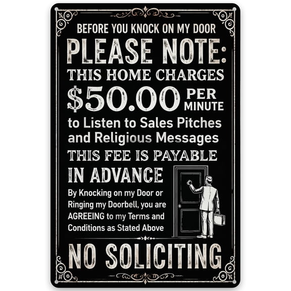 No Soliciting Metal Sign 8x12 Inch - Humorous Warning Decor for Sales Pitches, Religious Messages - Vintage Style Iron Wall Art with Pre-Drilled Holes for Easy Hanging, Indoor or Outdoor Use